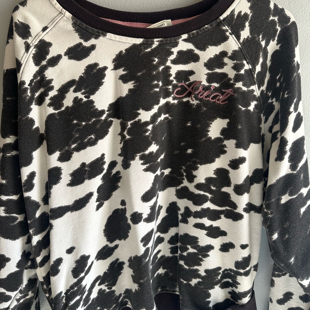 Ariat Black and White Cow Print Crewneck with Pink Script